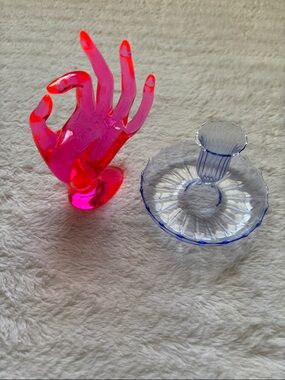 Hot Pink Acrylic Hand Jewelry Holder and Clear Plastic Ring Dish